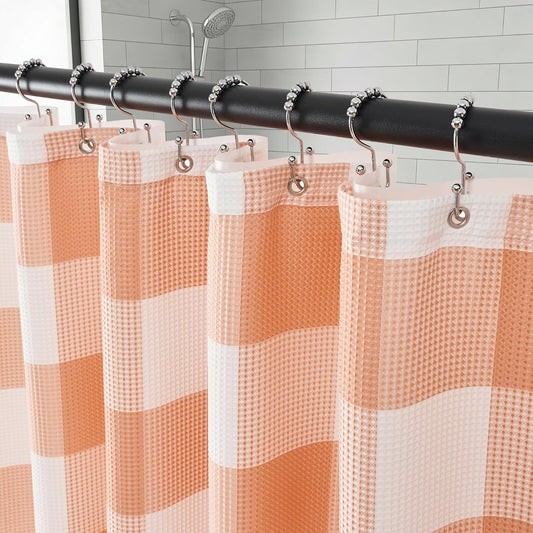 ORTIGIA 3 in 1 Waffle Shower Curtain Set-72x84, Bathroom Curtain with Waterproof PEAV Liner & 12 Stainless Steel Double-Sided Hooks, Peach and White Buffalo Plaid Bath Curtain for Modern Farmhouse