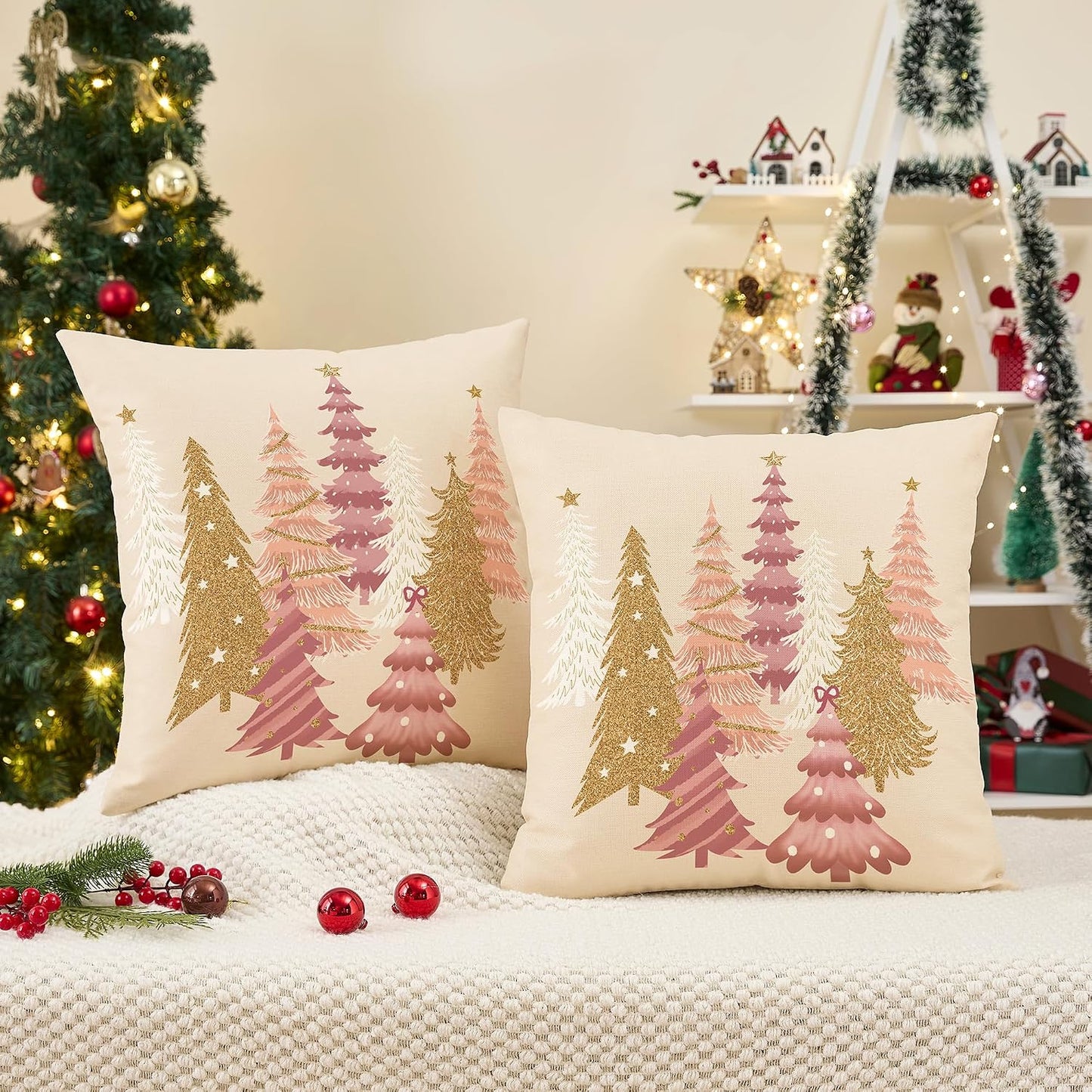 Christmas Pillow Covers 18x18 Inch Set of 2 Pink Aesthetic Decorative Christmas Tree Throw Pillows Linen Winter Holiday Decor for Home Sofa Couch Bed Chair