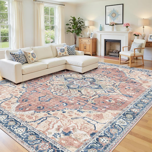 9x12 Blush Pink Washable Area Rug - Vintage Faux Wool BohoFarmhouse Rug for Nursery & Living Room - Machine Washable Non-Slip Carpet with TPE Backing, Bedroom Dining Room Decor, Pink Multi