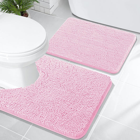 OLANLY Bathroom Rugs Sets 2 Piece, Soft Absorbent Chenille Bath Mats and U-Shaped Contour Toilet Mat Area Rug Set, Machine Washable Bath Carpet, Home Decor Accessories(24"x16"+24"x20", Pink)