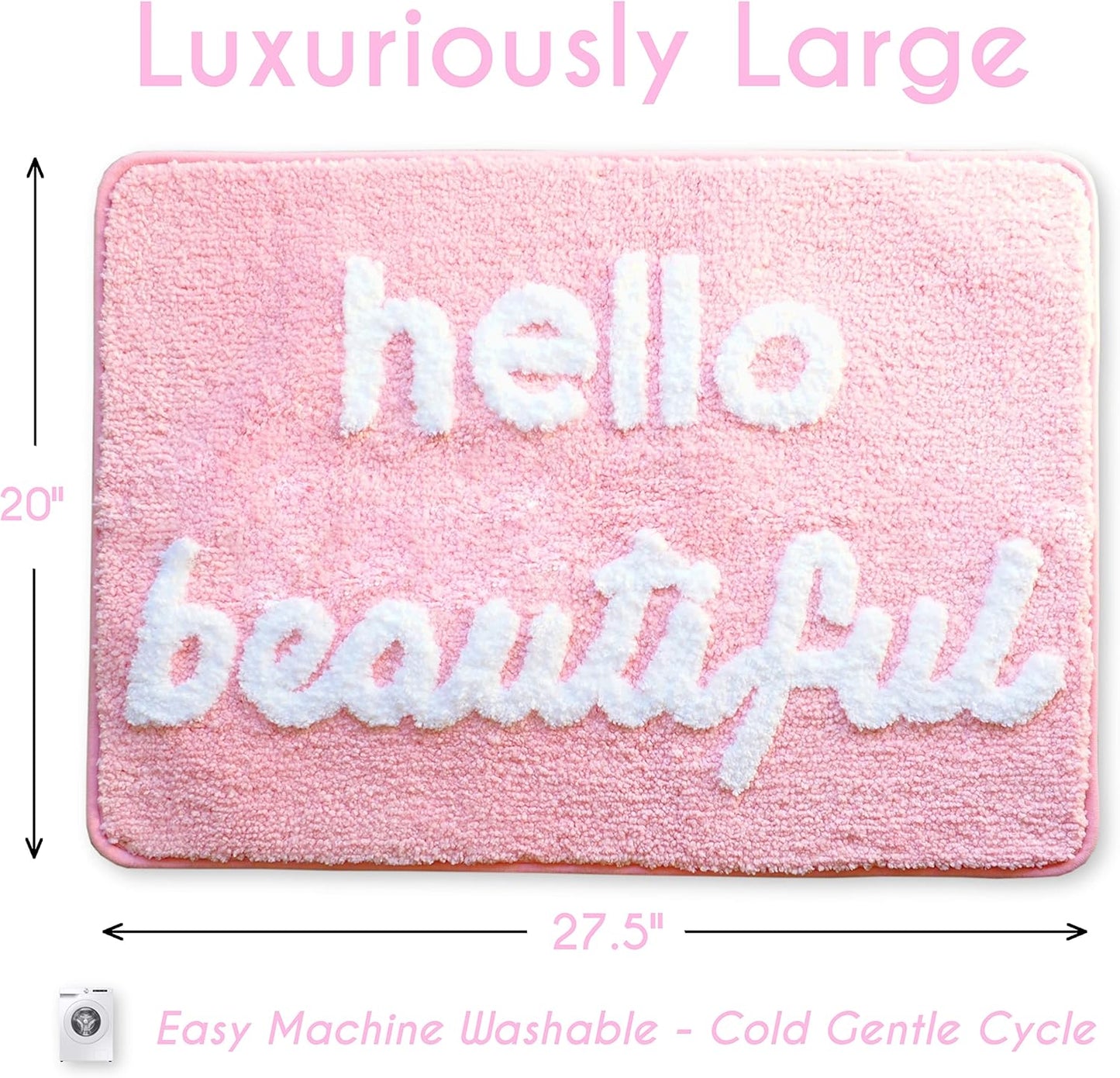 Evovee Hello Beautiful Bath Mat Light Pink Blush Peach Coral Cute Bathroom Rugs for Girls You Look Good Gorgeous Funny Shower Fun Bathroom Decor Non-Slip Washable Kids Women