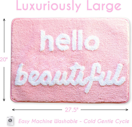 Evovee Hello Beautiful Bath Mat Light Pink Blush Peach Coral Cute Bathroom Rugs for Girls You Look Good Gorgeous Funny Shower Fun Bathroom Decor Non-Slip Washable Kids Women