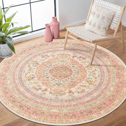Round Area Rugs 4ft Washable,Pink Rug for Living Room Bedroom Dining Room,Circle Boho Vintage Bohemian Distressed Farmhouse Carpet Non Slip,Blush Floral
