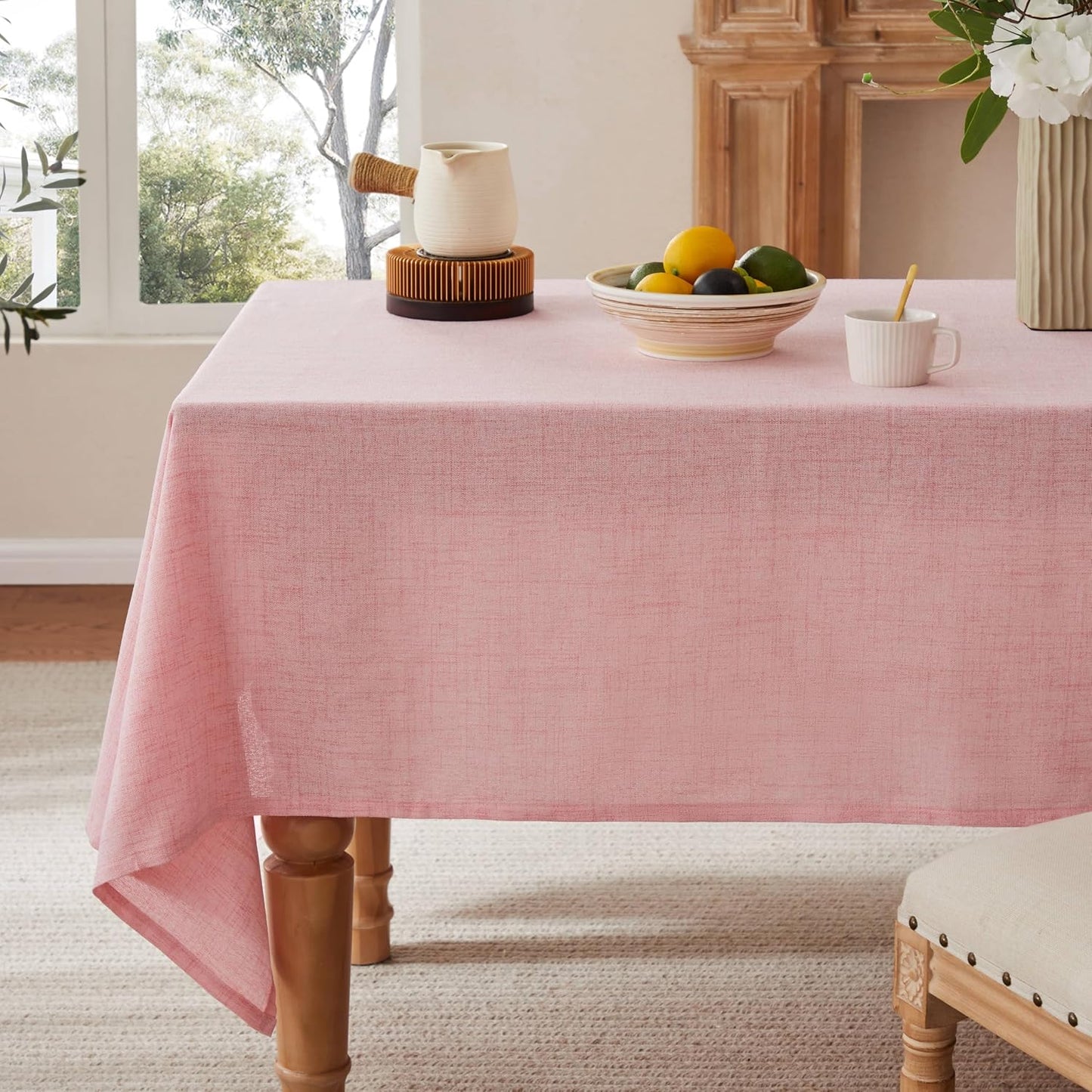 Farmhouse Linen Rectangular Tablecloth, Pink 60x120 Inch | Sleek Draping Style, Cotton Blend, Water Resistant Dining Tablecloths, Washable Stain-Resistant, Easy Care Table Cover