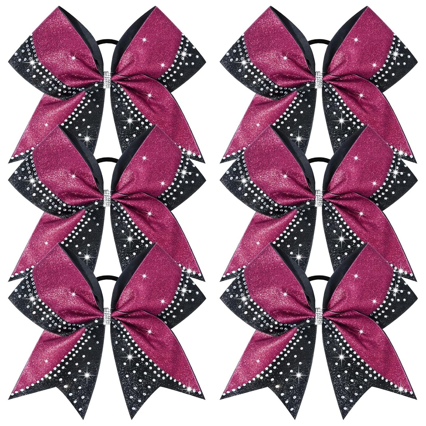 6PCS Glitter Cheer Bow Large Cheer Bows Rhinestones Hair Bows Girls 8"Cheerleading Bows Bulk Elastic Band Ponytail Holder for Teen Girls College Sports Competition Pink Black
