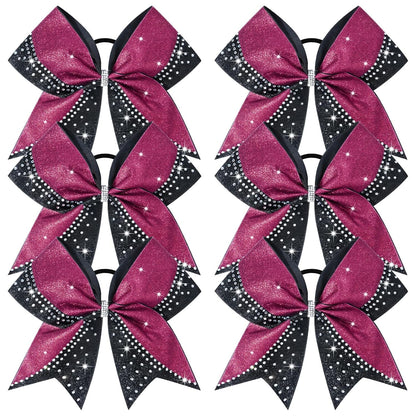 6PCS Glitter Cheer Bow Large Cheer Bows Rhinestones Hair Bows Girls 8"Cheerleading Bows Bulk Elastic Band Ponytail Holder for Teen Girls College Sports Competition Pink Black