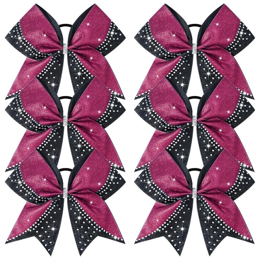 6PCS Glitter Cheer Bow Large Cheer Bows Rhinestones Hair Bows Girls 8"Cheerleading Bows Bulk Elastic Band Ponytail Holder for Teen Girls College Sports Competition Pink Black