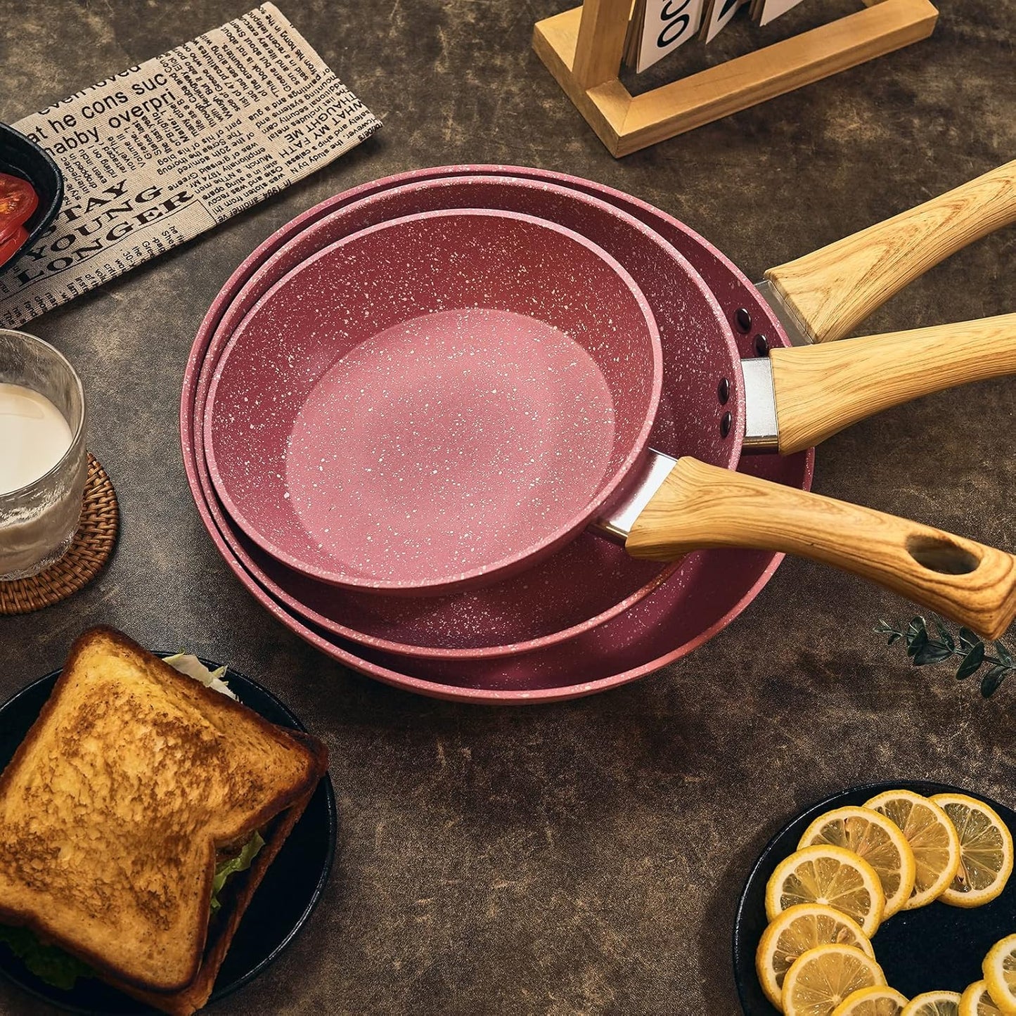 Frying Pan Nonstick Set, 8" & 9.5" & 11" Pink Egg Pan, Non Stick Fry Pan Set PFOA-Free Omelet Pan, Toxin-Free Skillets Stone Cookware, Anti-Warp Base with All Stove Tops Available,Induction Compatible