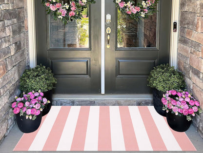 Pink White Outdoor Rug 2'x4',Striped Front Porch Rug Machine Washable Front Door Mat Entryway Throw Rug for Front Porch Indoor Outdoor Doormat