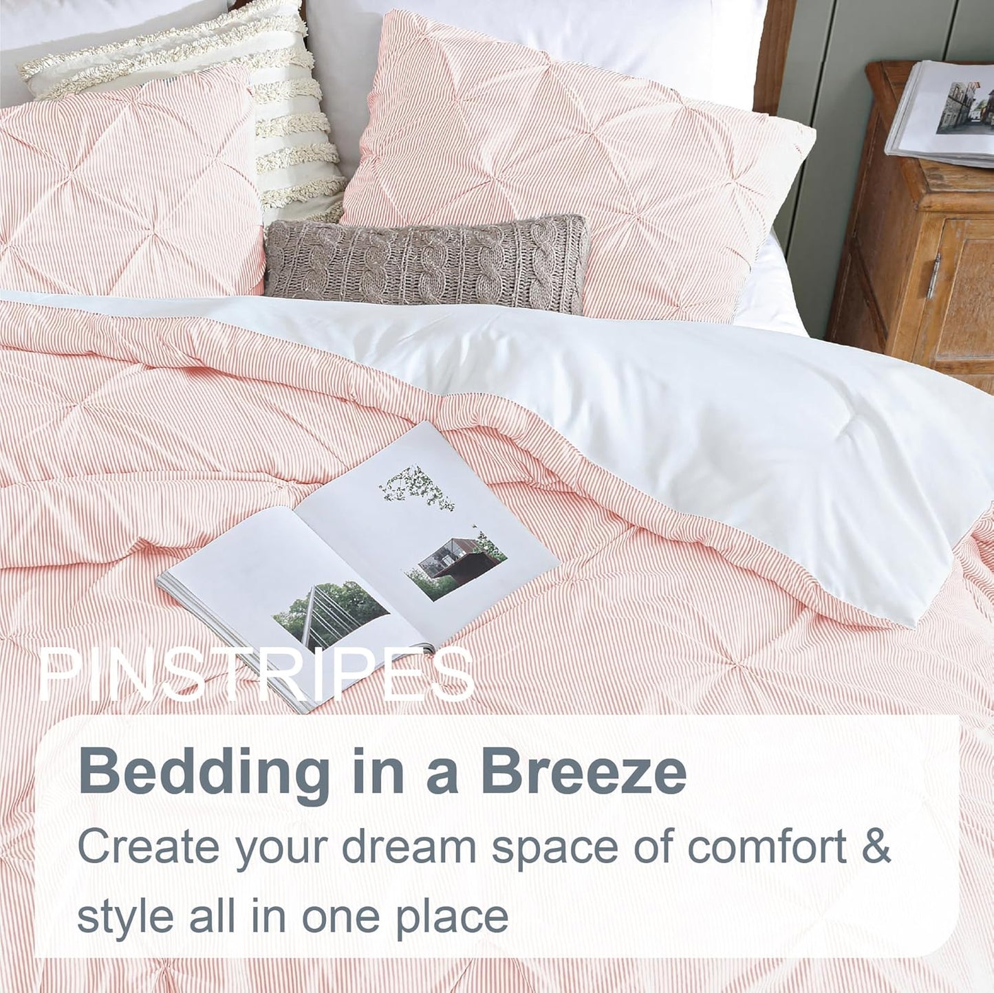 Swift Home Full/Queen Pinstripe Peach Pink Comforter Set - Classic Pintuck Bedding Set - 3 Pieces Bed Linen, 1 Comforter and 2 Pillow Shams