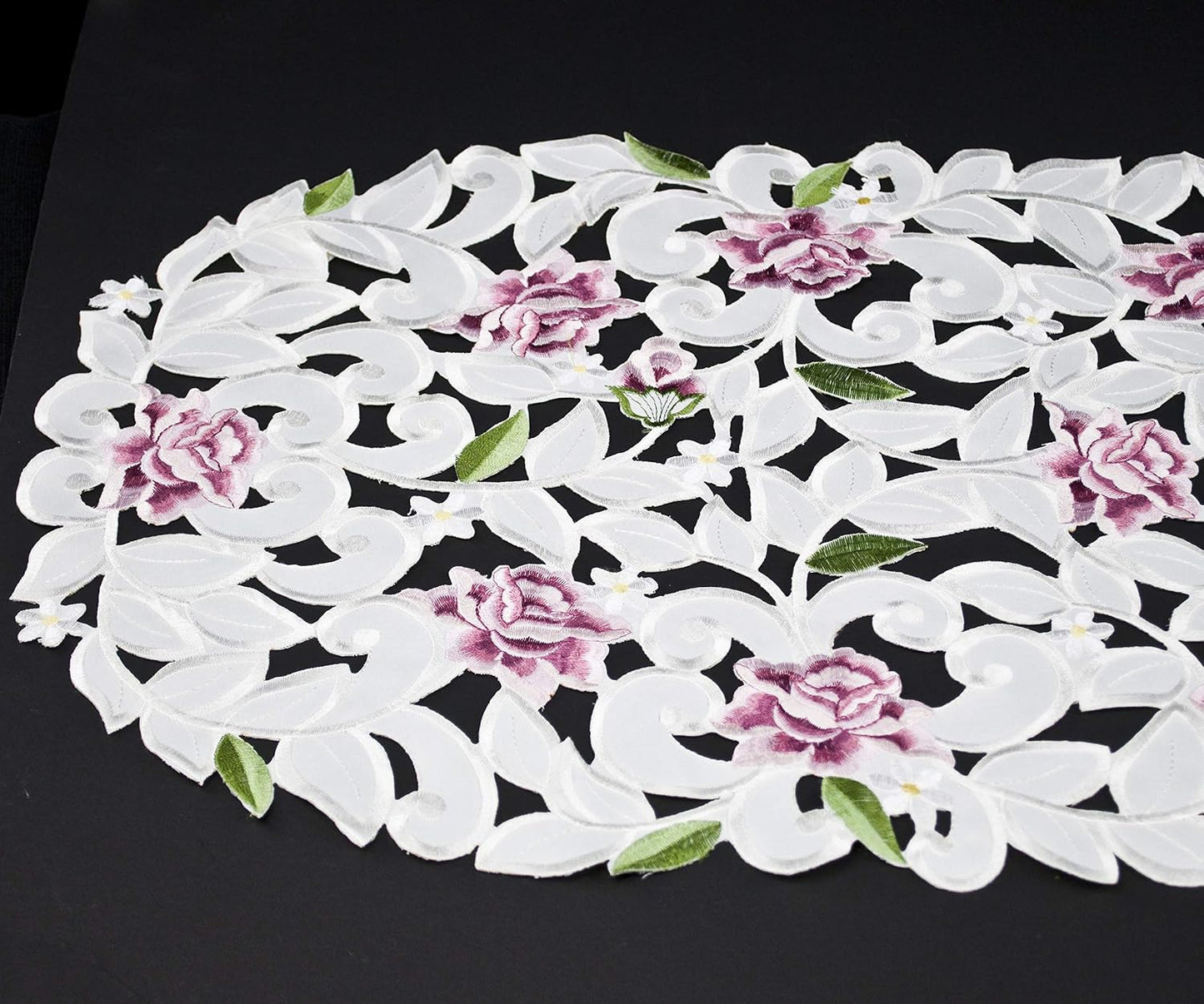 Light Pink Cut Work Roses on Ivory Fabric Table Runner, Dresser Scarf (14Wx54L)
