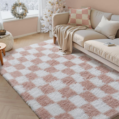 PureCozy Checkered Rug 5x8 for Living Room, Pink and White Modern Shag Rugs Super Soft Washable Indoor Office Fuzzy Carpet Non-Slip Fluffy Rugs for Bedroom Home Aesthetic Decor