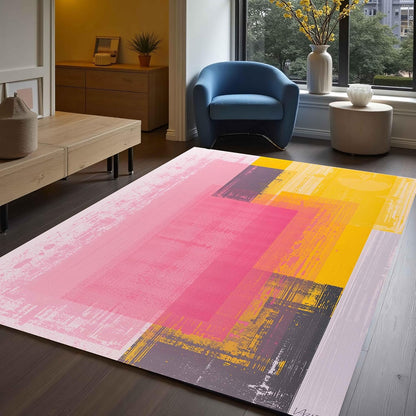 Pastel Pink Yellow Grey Modern Abstract Aesthetic Area Rug 4x6 Washable Soft Wool Art Decor Rug for Living Room Bedroom Diningroom Minimalist Nursery Dorm Room Home Office Indoor Carpet Mat