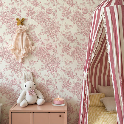 RollsRolla Pink Floral Toile Peel and Stick Wallpaper - Chinoiserie & French Country Design for Living Room, Bedroom and Bathroom - Renter-Friendly Temporary Wallpaper for Apartment