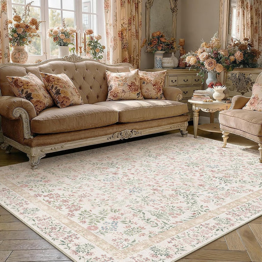 PureCozy 5x7 Pink Area Rug for Living Room Bedroom Washable Vintage Floral Carpet Low Pile Non Slip Botanical Aesthetic Dining Room Soft Accent Throw Rug Nursery Office Indoor