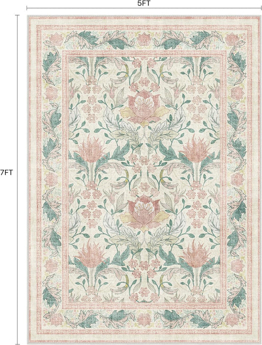 Bavni 5x7 Area Rugs for Living Room, Microfiber Machine Washable Non-Slip Vintage Floral Rug, Low Pile Lightweight Carpet for Bedroom, Dining Room, Home Office, Beige&Pink