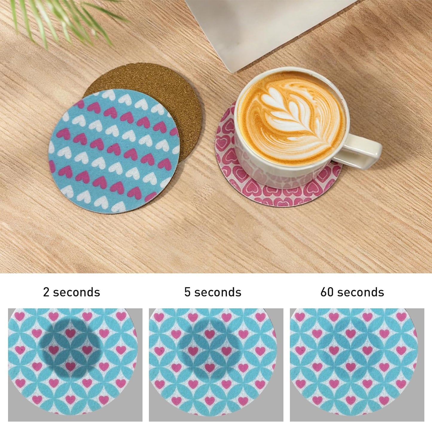 Pink & Mint Love Felt Coasters Set of 6, Round Absorbent Drink Coasters, Non-Slip Cork Backing, Removable Holder