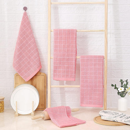 Homaxy 100% Cotton Terry Kitchen Towels(Pink, 13 x 28 inches), Checkered Designed, Soft and Super Absorbent Dish Towels, 2 Pack