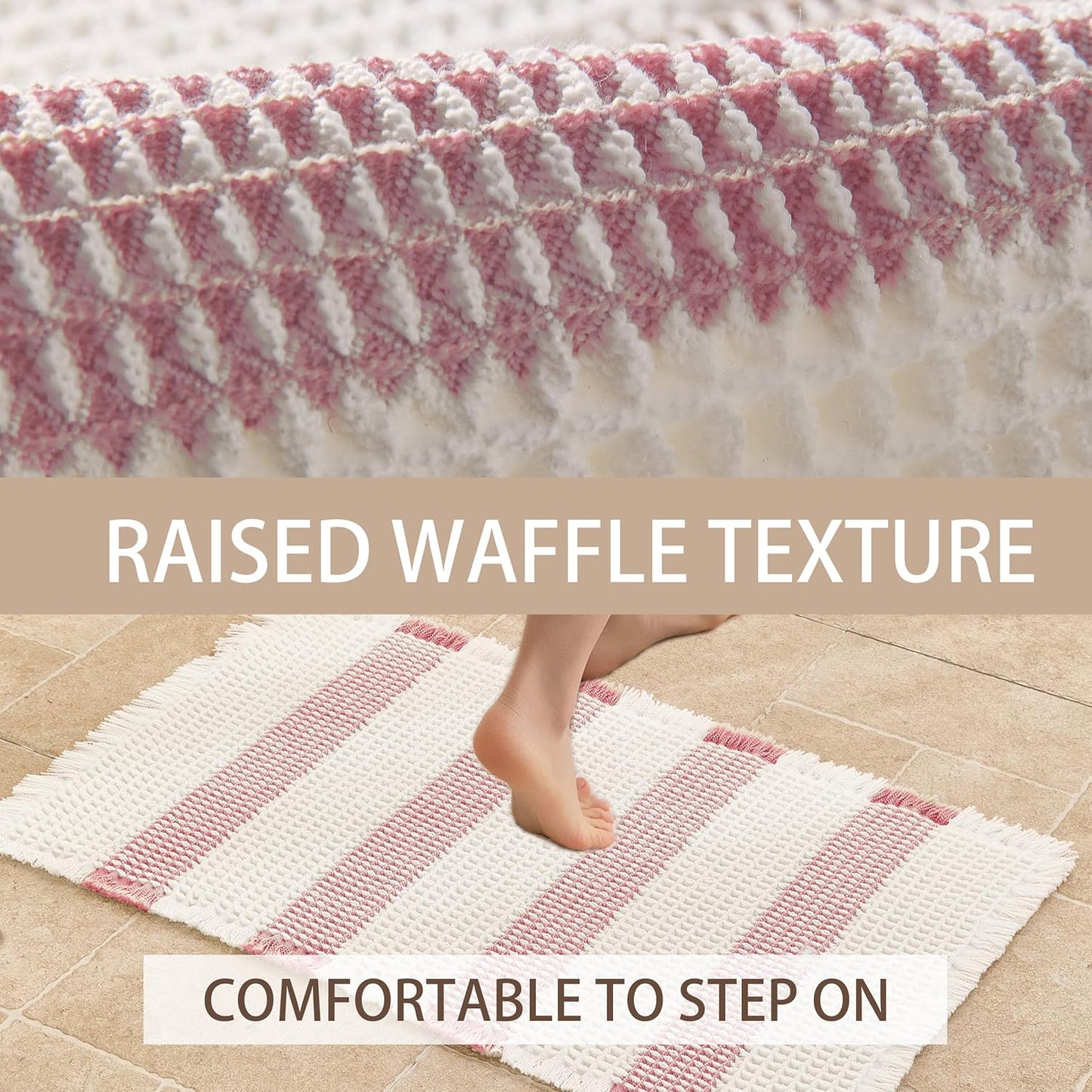Waffle Bath Mat Non Slip, Boho Bathroom Rug, Super Absorbent Quick Dry Bathroom Mat, Soft Farmhouse Bath Rug with Tassels, Small Washable Shower Mats for Floor 20"x32", White and Pink