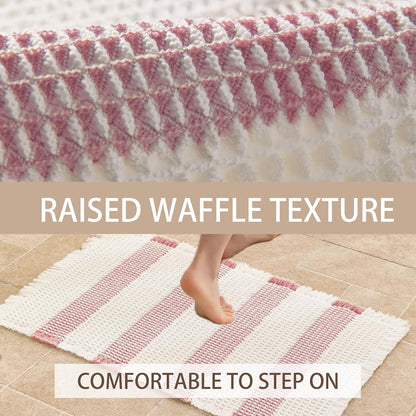 Waffle Bath Mat Non Slip, Boho Bathroom Rug, Super Absorbent Quick Dry Bathroom Mat, Soft Farmhouse Bath Rug with Tassels, Small Washable Shower Mats for Floor 20"x32", White and Pink