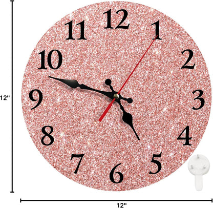 Britimes Round Wall Clock Silent Non-Ticking Battery Operated Clock 12 Inch, Rose Gold Pink Glitter Home Decor for Living Room, Bathroom, Bedroom, Kitchen, Office and School