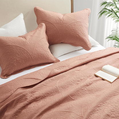 IR Imperial Rooms King Quilt Bedding Set Size (106" x 96") + 2 Pillow Shams (20" x 36"+ 2") - 3 Pcs All Season Lightweight Microfiber Coverlet Floral Embossed Quilt Bedspread (Baby Pink/Peach)