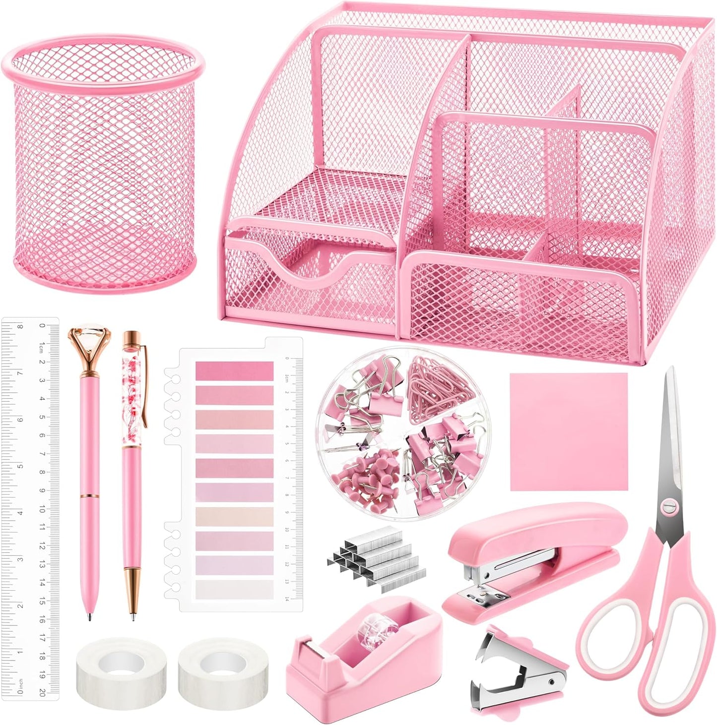 Fayoo 11 Pcs Pink Office Supplies Set Mesh Desk Organizer Accessories Kit include Stapler Tape Dispenser Staple Remover Clips Ruler Scissors Sticky Notes for Office School Home Women (Pink)
