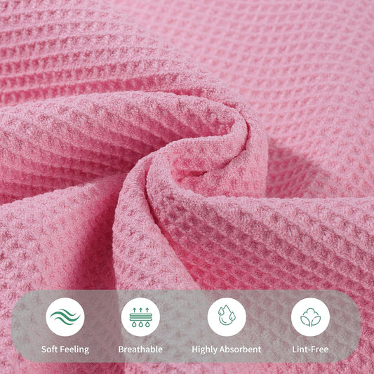 MICROFI Waffle Weave Bath Towel Set, Microfiber, 4 Pieces (Body/Hair/Hand/Face), Quick Dry, Lightweight, Super Absorbent, Lint Free, 380 GSM (Pink)