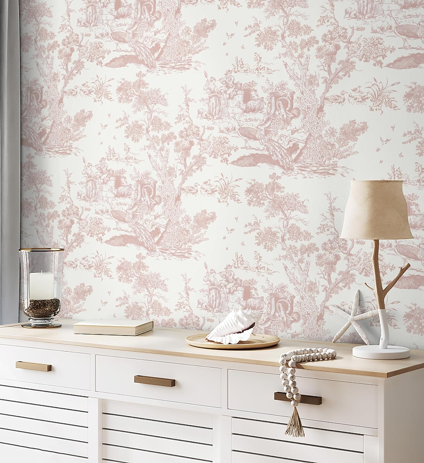 CiCiwind Pink and White Toile Peel and Stick Wallpaper 16" x 118" Classic Vintage Removable Self-Adhesive Vinyl Wallpaper for Bedroom Bathroom Cabinets