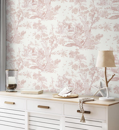 CiCiwind Pink and White Toile Peel and Stick Wallpaper 16" x 118" Classic Vintage Removable Self-Adhesive Vinyl Wallpaper for Bedroom Bathroom Cabinets