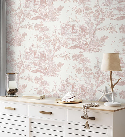 CiCiwind Pink and White Toile Peel and Stick Wallpaper 16" x 118" Classic Vintage Removable Self-Adhesive Vinyl Wallpaper for Bedroom Bathroom Cabinets