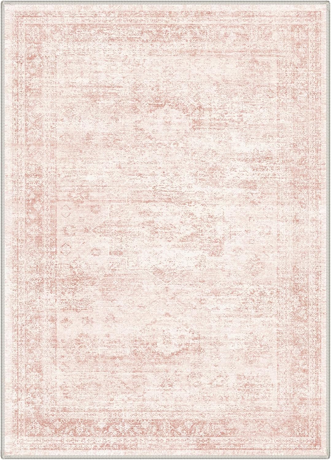 GENIMO 6x9 Area Rugs for Living Room, Machine Washable Non Slip Vintage Rugs, Low Pile Lightweight Chenille Print Rug for Bedroom, Dining Room, Home Office, Pink