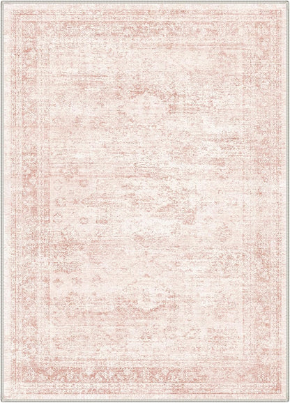 GENIMO 6x9 Area Rugs for Living Room, Machine Washable Non Slip Vintage Rugs, Low Pile Lightweight Chenille Print Rug for Bedroom, Dining Room, Home Office, Pink