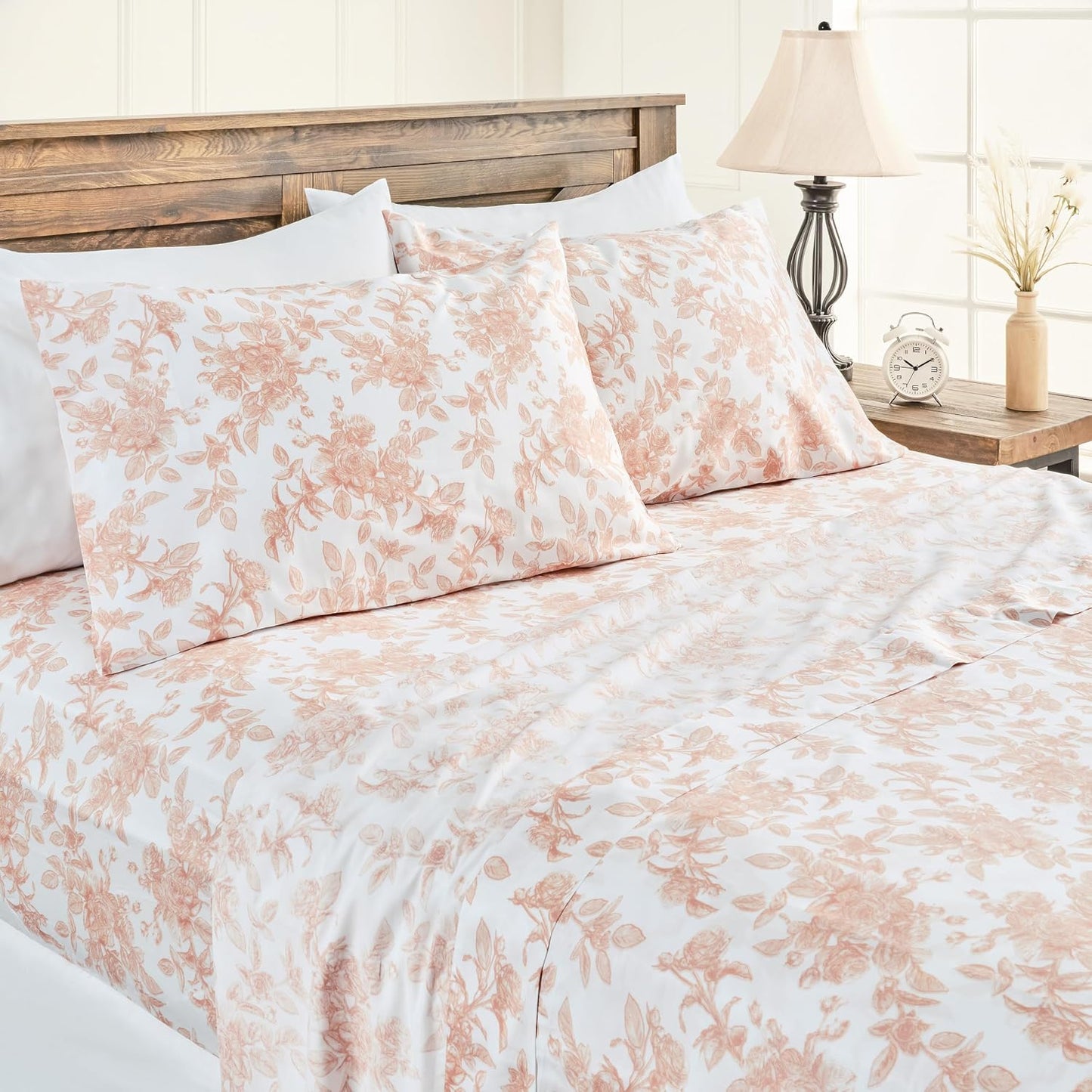 Elegant Cotton 100% Pure Organic Cotton Sheets Set King Size - Peach Pink Rose Floral Pattern Print Super Soft Sheet - 4 Piece Set - Fitted Sheet, Flat Sheet & 2 Pillow Covers - King