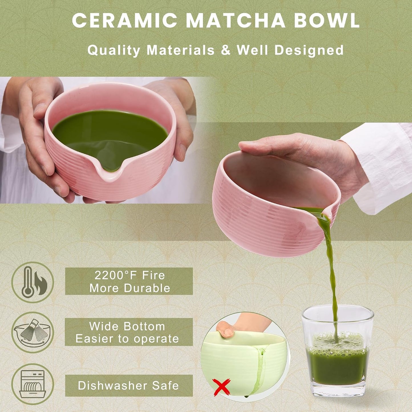 Pink Ceramic Matcha Set, 6 Pcs - Bowl, Whisk (Chasen), Holder, Sifter, Bamboo Scoop & Spoon