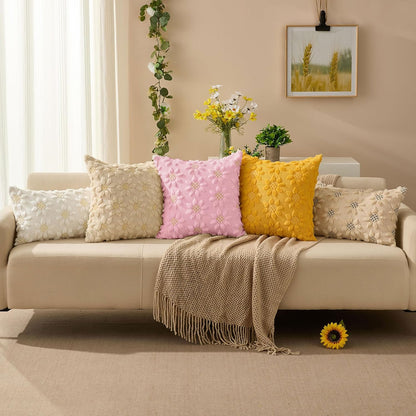 DFXSZ Spring Summer Pillow Covers 18x18 inch Set of 2 Farmhouse Decor Yellow Flower Heart Sunflower Pink Soft Plush Faux Fur Jacquard Throw Pillows for Sofa Holiday Spring Home Decor PTK024J18