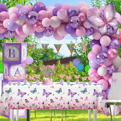 TREWAVE Butterfly Baby Shower Decorations for Girls A Little Butterfly Is On The Way Party Backdrop Cake Toppers Stickers Pink Purple Balloons Boxes for Girl Birthday Baby Shower Decor