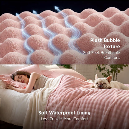 Bedsure Bubble Waterproof Blanket for Bed - Soft Fleece Reversible Dog Blankets for Large Dogs, Waterproof Couch Sofa Cover Bed Protector, Pink/Beige, King 108x90 inches