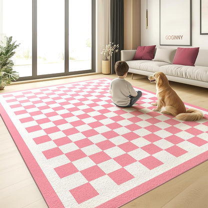 Washable 5x7 Checkered Area Rug for Living Room, Pink Checkerboard Modern Boho Large Rug, Ultra Thin Low Pile Lightweight Soft Indoor Carpet with Nonslip Backing for Bedroom Nursery Playroom Kids Girl