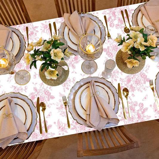 3Pcs Pink Floral Tablecloth, 52 x 87 Inch Vintage Flower Table Cover, Rectangle Floral Table Cover, Pink and White Porcelain Tablecloth for Spring Tea Wedding Shower Birthday Party