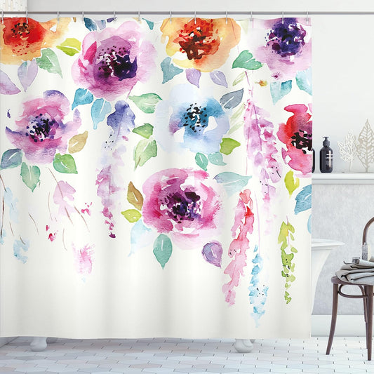 Ambesonne Abstract Shower Curtain, Modern Design Watercolor Style with Floral Leaves Seemed Ombre Details Art Print, Cloth Fabric Bathroom Decor Set with Hooks, 69" W x 70" L, Pink Orange