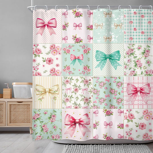 Newsely Boho Bow Floral Shower Curtain 72Wx72L Inch Cute Retro Checkered Patchwork Colorful Flower Pink Green Coquette Girly Bathroom Set Girls Woman Waterproof Bath Decoration Accessories Home Decor