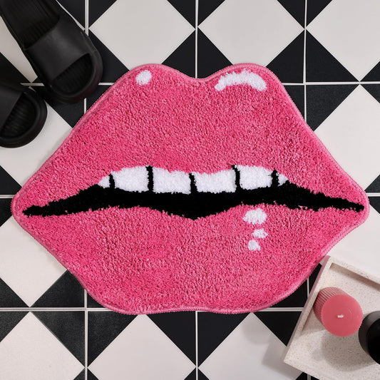 Panstar Pink Bathroom Rugs, Cute Lips Bath Mat Non Slip Lips Shaped Absorbent Bathtub Rug Bathroom Plush Shower Rugs.