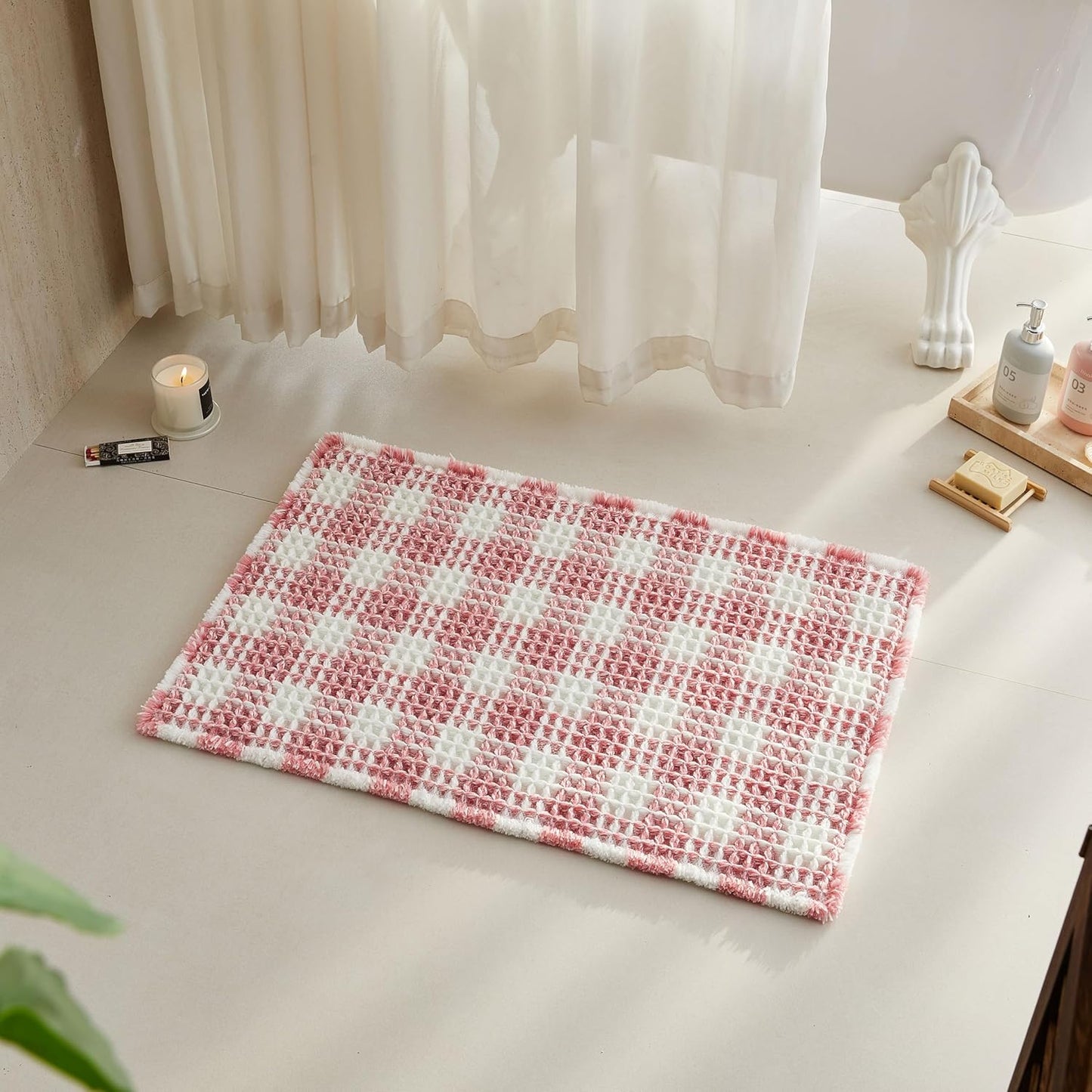 TYUU Waffle Bath Mat, Boho Bathroom Rugs Non Slip Washable Absorbent Checkered Bathroom Mat Quick Dry Cute Bath Mat, 24"x16" Pink and White