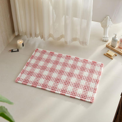 TYUU Waffle Bath Mat, Boho Bathroom Rugs Non Slip Washable Absorbent Checkered Bathroom Mat Quick Dry Cute Bath Mat, 24"x16" Pink and White