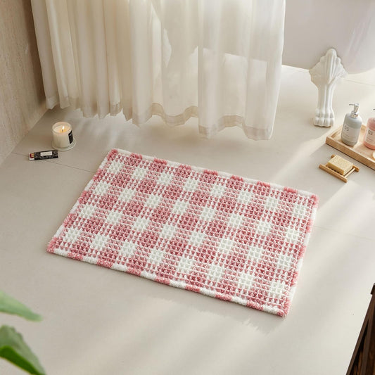 TYUU Waffle Bath Mat, Boho Bathroom Rugs Non Slip Washable Absorbent Checkered Bathroom Mat Quick Dry Cute Bath Mat, 24"x16" Pink and White