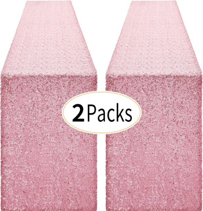 2 Packs 12 x 72 inches Light Pink Sequin Table Runner, Glitter Runner for Birthday Party Supplies Decorations Wedding Bachelorette Holiday Celebration Bridal Shower Baby Shower