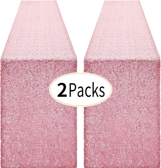 2 Packs 12 x 72 inches Light Pink Sequin Table Runner, Glitter Runner for Birthday Party Supplies Decorations Wedding Bachelorette Holiday Celebration Bridal Shower Baby Shower