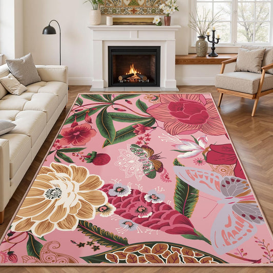 Tyrot Pink Boho Floral Living Room Rug, 5x7 Rug Washable Botanical Butterfly Area Rugs Flat Woven Ultra-Thin Non Slip Low Pile Carpet for Bedroom, Dining Room, Office, Kids Room