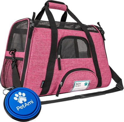 PetAmi Airline Approved Pet Carrier for Cats & Small Dogs, Soft Sided TSA Travel Carrier Bag Sherpa Bed, Breathable Mesh Ventilation, Collapsible Bowl, Fit Under Seat, Up to 18 lbs, Large Heather Pink